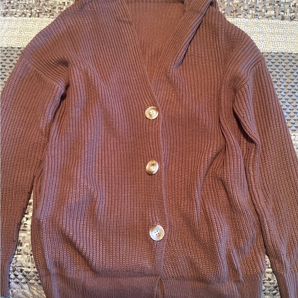 Mauve Ribbed Button-Front Women’s Sweater Cardigan